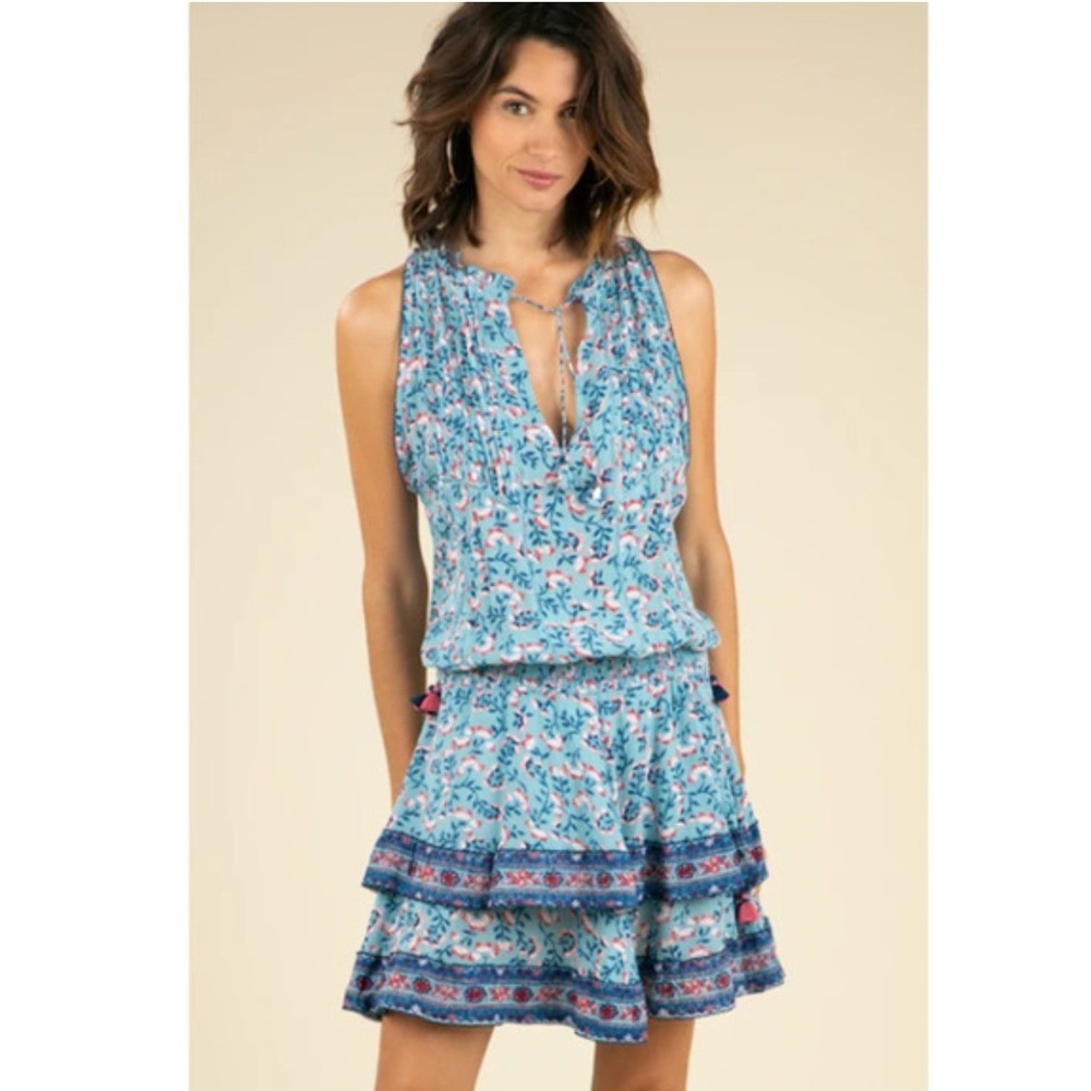 Poupette St Barth Amora Mini Dress Blue Floral Smocked Tiered Ruffle- XS